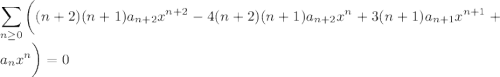 \displaystyle\sum_{n\ge0}\bigg((n+2)(n+1)a_{n+2}x^{n+2}-4(n+2)(n+1)a_{n+2}x^n+3(n+1)a_{n+1}x^{n+1}+a_nx^n\bigg)=0