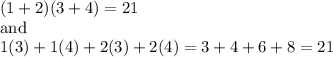 (1 + 2)(3 + 4) = 21 \\\text{and} \\1(3) + 1(4) + 2(3) + 2(4) = 3 + 4 + 6 + 8 = 21