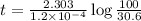 t=\frac{2.303}{1.2\times 10^{-4}}\log\frac{100}{30.6}