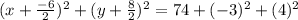 (x+\frac{-6}{2})^2+(y+\frac{8}{2})^2=74+(-3)^2+(4)^2