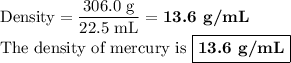 \text{Density} = \dfrac{\text{306.0 g}}{\text{22.5 mL}} = \textbf{13.6 g/mL}\\\text{The density of mercury is {\boxed{\textbf{13.6 g/mL}}}}