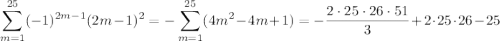 \displaystyle\sum_{m=1}^{25}(-1)^{2m-1}(2m-1)^2=-\sum_{m=1}^{25}(4m^2-4m+1)=-\frac{2\cdot25\cdot26\cdot51}3+2\cdot25\cdot26-25