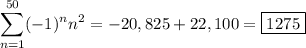 \displaystyle\sum_{n=1}^{50}(-1)^nn^2=-20,825+22,100=\boxed{1275}