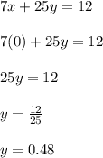7x + 25y = 12\\\\7(0) + 25y = 12\\\\25y=12\\\\y=\frac{12}{25}\\\\y=0.48