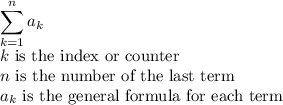 \displaystyle \sum_{k=1}^{n} a_{k}\\k \text{ is the index or counter}\\n \text{ is the number of the last term}\\a_{k} \text{ is the general formula for each term}