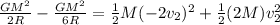 \frac{GM^2}{2R} - \frac{GM^2}{6R} = \frac{1}{2}M(-2v_2)^2 + \frac{1}{2}(2M)v_2^2