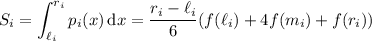 S_i=\displaystyle\int_{\ell_i}^{r_i}p_i(x)\,\mathrm dx=\frac{r_i-\ell_i}6(f(\ell_i)+4f(m_i)+f(r_i))
