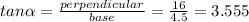 tan\alpha =\frac{perpendicular}{base}=\frac{16}{4.5}=3.555