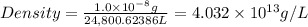 Density=\frac{1.0\times 10^{-8} g}{24,800.62386 L}=4.032\times 10^{13} g/L