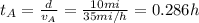 t_A = \frac{d}{v_A}=\frac{10 mi}{35 mi/h}=0.286 h