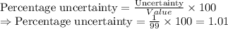 \text{Percentage uncertainty}=\frac{\text{Uncertainty}}{Value}\times 100 \\\Rightarrow \text{Percentage uncertainty}=\frac{1}{99}\times 100=1.01