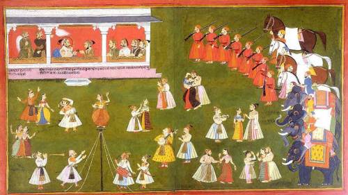 The 18th-century indian painting by rajasthan mewar, a lively scene between acrobats and musicians,
