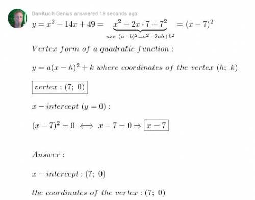 How do you find the x intercept and coordinates of the vertexfor the parabola y=x^2-14x+