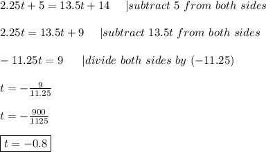 2.25t+5=13.5t+14\ \ \ \ |subtract\ 5\ from\ both\ sides\\\\2.25t=13.5t+9\ \ \ \ |subtract\ 13.5t\ from\ both\ sides\\\\-11.25t=9\ \ \ \ \ |divide\ both\ sides\ by\ (-11.25)\\\\t=-\frac{9}{11.25}\\\\t=-\frac{900}{1125}\\\\\boxed{t=-0.8}