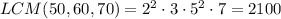 LCM(50,60,70)=2^2\cdot3\cdot5^2\cdot7=2100