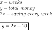 x-weeks\\y-total\ money\\2x-saving\ every\ week\\\\\boxed{y=2x+20}