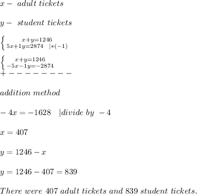 x-\ adult\ tickets\\\\y-\ student\ tickets\\\\&#10; \left \{ {{x+y=1246} \atop {5x+1y=2874\ \ | *(-1)}} \right. \\\\ \left \{ {{x+y=1246} \atop {-5x-1y=-2874}} \right. \\+--------\\\\addition\ method\\\\&#10;-4x=-1628\ \ \ | divide\ by\ -4\\\\ x=407\\\\ y=1246-x\\\\&#10;y=1246-407=839\\\\ There\ were\ 407\ adult\ tickets\ and\ 839\ student\ tickets.