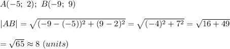 A(-5;\ 2);\ B(-9;\ 9)\\\\|AB|=\sqrt{(-9-(-5))^2+(9-2)^2}=\sqrt{(-4)^2+7^2}=\sqrt{16+49}\\\\=\sqrt{65}\approx8\ (units)