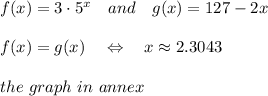 f(x)=3\cdot5^x\ \ \ and\ \ \ g(x)=127-2x\\\\f(x)=g(x)\ \ \ \Leftrightarrow\ \ \ x\approx2.3043\\\\the\ graph\ in\ annex