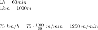 1h=60min\\1km=1000m\\\\\\75\ km/h=75\cdot\frac{1000}{60}\ m/min=1250\ m/min