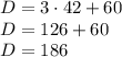 D=3\cdot42+60\\&#10;D=126+60\\&#10;D=186