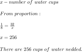 x-number\ of\ water\ cups\\\\From\ proportion:\\\\\frac{1}{8}=\frac{32}{x}\\\\x=256\\\\There\ are\ 256\ cups\ of\ water\ nedded.