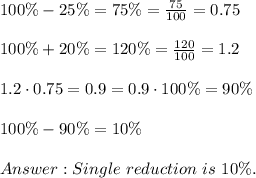 100\%-25\%=75\%=\frac{75}{100}=0.75\\\\100\%+20\%=120\%=\frac{120}{100}=1.2\\\\1.2\cdot0.75=0.9=0.9\cdot100\%=90\%\\\\100\%-90\%=10\%\\\\Single\ reduction\ is\ 10\%.