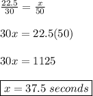 \frac{22.5}{30} = \frac{x}{50} \\\\30x=22.5 (50)\\\\30x=1125\\\\\boxed{x =37.5~seconds}