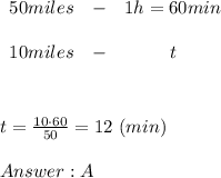 \begin{array}{ccc}50miles&-&1h=60min\\\\10miles&-&t\end{array}\\\\\\\\t=\frac{10\cdot60}{50}=12\ (min)\\\\A