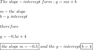 The\ slope-intercept\ form:y=mx+b\\\\m-the\ slope\\b-y\ intercept\\\\therefore\\\\y=-0.5x+4\\\\\boxed{the\ slope\ m=-0.5}\ and\ the\ y-intercept\boxed{b=4}