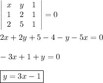 \left|\begin{array}{ccc}x&y&1\\1&2&1\\2&5&1\end{array}\right|=0\\&#10;\\&#10;2x+2y+5-4-y-5x=0\\&#10;\\&#10;-3x+1+y=0\\&#10;\\&#10;\boxed{y=3x-1}