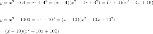 y=x^3+64=x^3+4^3=(x+4)(x^2-4x+4^2)=(x+4)(x^2-4x+16)\\\\\\y=x^3-1000=x^3-10^3=(x-10)(x^2+10x+10^2)\\\\=(x-10)(x^2+10x+100)
