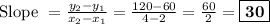\text{Slope } = \frac{ y_2 - y_1 } { x_2 - x_1 } =   \frac{ 120 -  60}{ 4 -  2} = \frac{ 60}{ 2} =\boxed{\bf{ 30}}