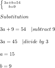 \left \{ {{3a+b=54} \atop {b=9}} \right. \\\\Substitution\\\\&#10;3a+9=54\ \ \ | subtract\ 9\\\\3a=45\ \ \ | divide\ by\ 3\\\\&#10;a=15\\\\&#10;b=9