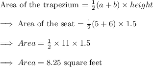 \text{Area of the trapezium = }\frac{1}{2}(a+b)\times height\\\\\implies \text{Area of the seat = }\frac{1}{2}(5+6)\times 1.5\\\\\implies Area = \frac{1}{2}\times 11 \times 1.5\\\\\implies Area = 8.25\text{ square feet}