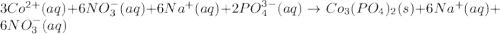 3Co^{2+}(aq)+6NO_3^-(aq)+6Na^+(aq)+2PO_4^{3-}(aq)\rightarrow Co_3(PO_4)_2(s)+6Na^+(aq)+6NO_3^-(aq)