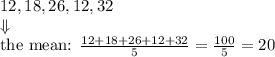12, 18, 26, 12, 32 \\ \Downarrow \\&#10;\hbox{the mean: } \frac{12+18+26+12+32}{5}=\frac{100}{5}=20