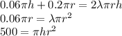 0.06\pi h+0.2\pi r=2\lambda \pi rh\\0.06\pi r=\lambda \pi r^2\\500=\pi hr^2