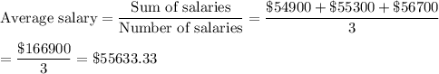 \text{Average salary} = \dfrac{\text{Sum of salaries}}{\text{Number of salaries}} = \dfrac{\$54900 + \$55300 + \$56700}{3}\\\\= \dfrac{\$166900}{3} = \$55633.33