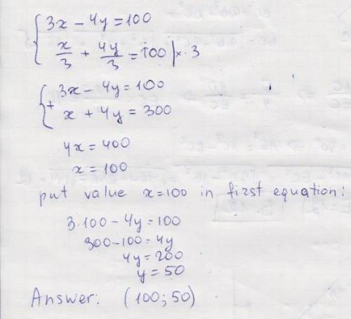 Solve the system of equations 3x-4y=100 x/3+4y/3=100