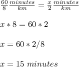 \frac{60}{8}\frac{minutes}{km}=\frac{x}{2}\frac{minutes}{km} \\ \\x*8=60*2\\ \\x=60*2/8\\ \\x=15\ minutes