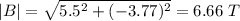 |B|=\sqrt{5.5^2+(-3.77)^2}=6.66\ T