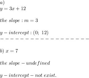 a)\\y=3x+12\\\\the\ slope:m=3\\\\y-intercept:(0;\ 12)\\------------------\\\\b)\ x=7\\\\the\ slope-unde fined\\\\y-intercept-not\ exist.