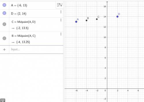 Points a, b, c, and d are located on a line. a is at (-6,13), d is at (2,14), c is the midpoint of a