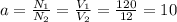 a=\frac{N_1}{N_2}=\frac{V_1}{V_2}=\frac{120}{12}=10