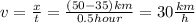 v =  \frac{x}{t} =  \frac{(50-35) km }{0.5 hour} = 30 \frac{km}{h}