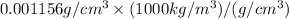 0.001156 g/cm^{3} \times (1000kg/m^{3}) / (g/cm^{3})