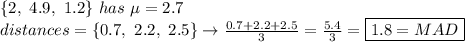 \{2,\ 4.9,\ 1.2\}\ has\ \mu=2.7\\distances=\{0.7,\ 2.2,\ 2.5\}\rightarrow\frac{0.7+2.2+2.5}3=\frac{5.4}3=\boxed{1.8=MAD}