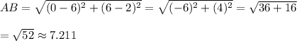 AB=\sqrt{(0-6)^2+(6-2)^2}=\sqrt{(-6)^2+(4)^2}=\sqrt{36+16}\\\\=\sqrt{52}\approx7.211