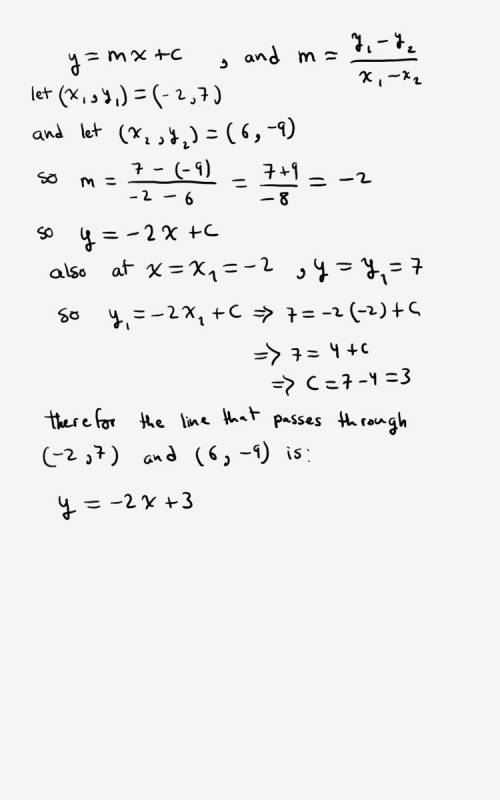 Which of the following equations defines a line that passes through the points (-2,7) and (6,-9)?